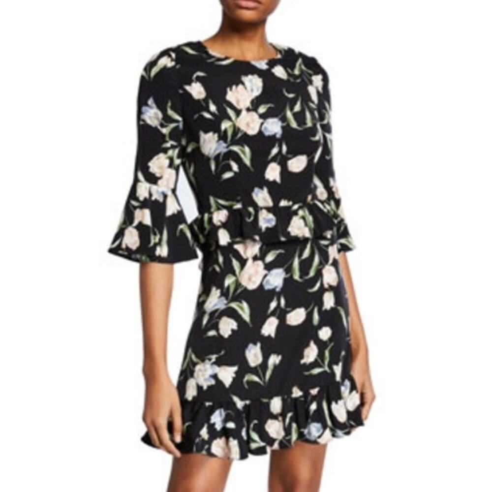 Avec Les Filles Black Floral Ruffle Dress Mini Long Sleeves Size 6 NWT NEW